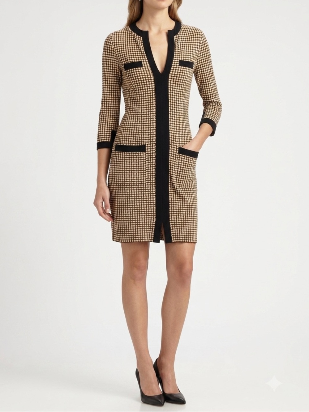 Diane Von Furstenberg Beige Geometric Mini Dress with Black Trim Silk Sz 4